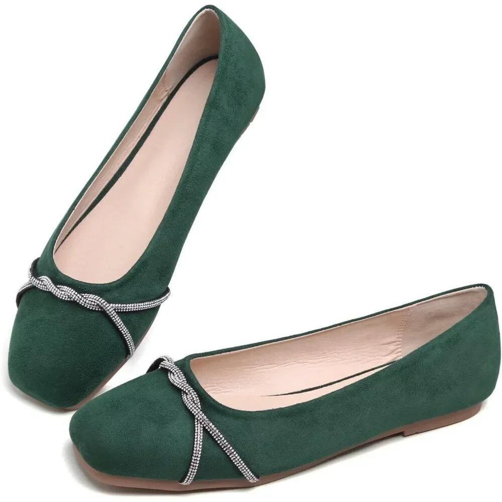 Women's Green Suede Casual Fashion Chain Pointed Toe Ballet Flat Rhinestone